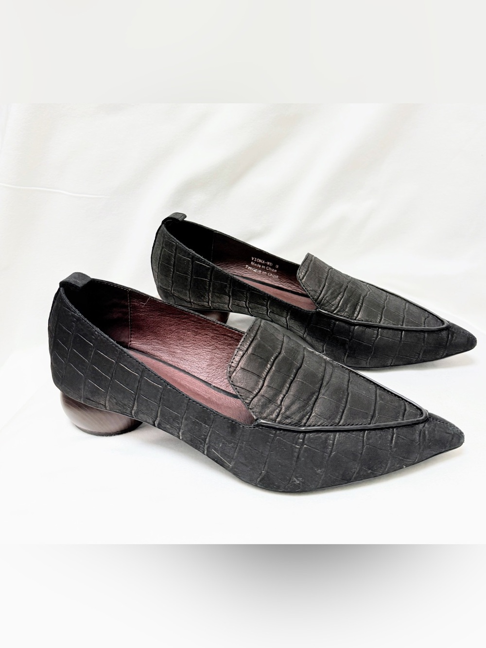 Jeffrey Campbell Black Croc Embossed Pointed Toe Sculptural Heel Loafers Size 8